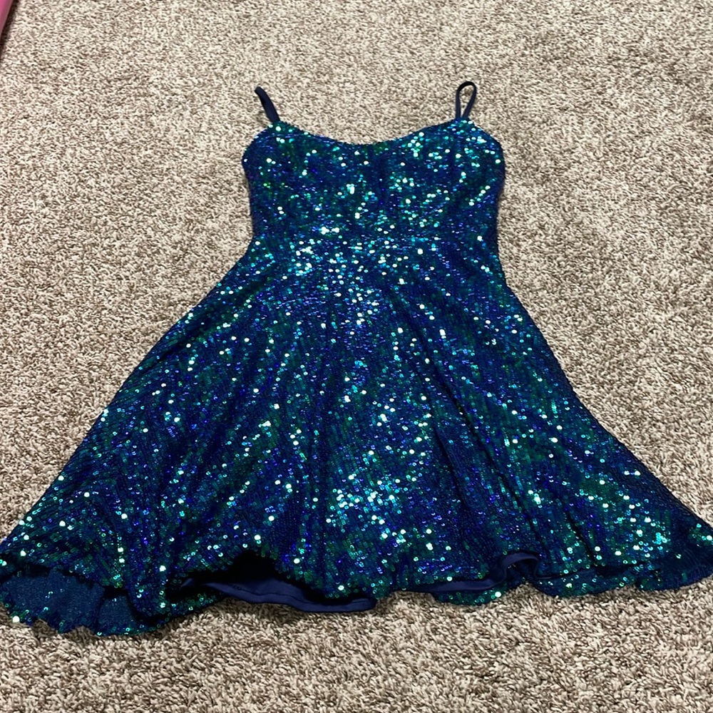 Sparkly dress, green, teal, and blue